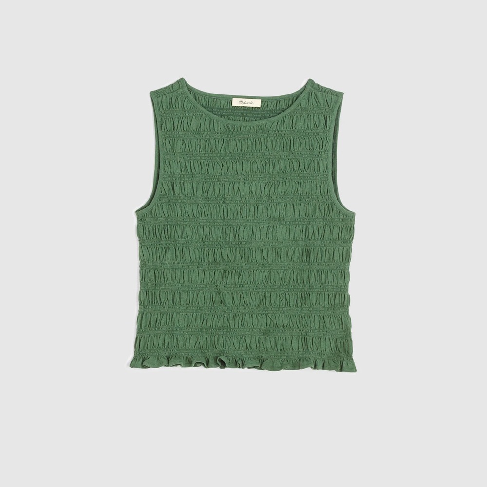 Madewell Smocked Boatneck Textured Green Tank Top